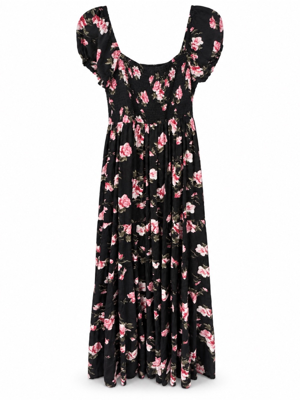 Black Floral Maxi Dress with Puff Sleeves and Smocked Bodice